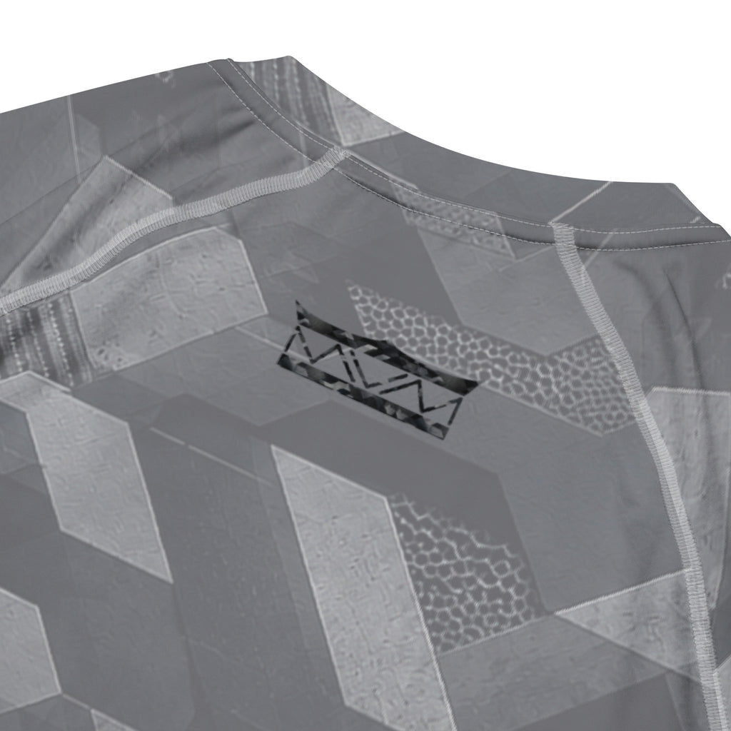 MVM Grey Sci Fi Camo recycled rash vest with UPF 50+ protection, moisture-wicking performance fabric and bold artwork. Recycled Short Sleeved Rash Guard back close up Product mockup