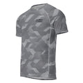 MVM Grey Sci Fi Camo recycled rash vest with UPF 50+ protection, moisture-wicking performance fabric and bold surf-inspired artwork. Recycled Short Sleeved Rash Guard Product mockup.