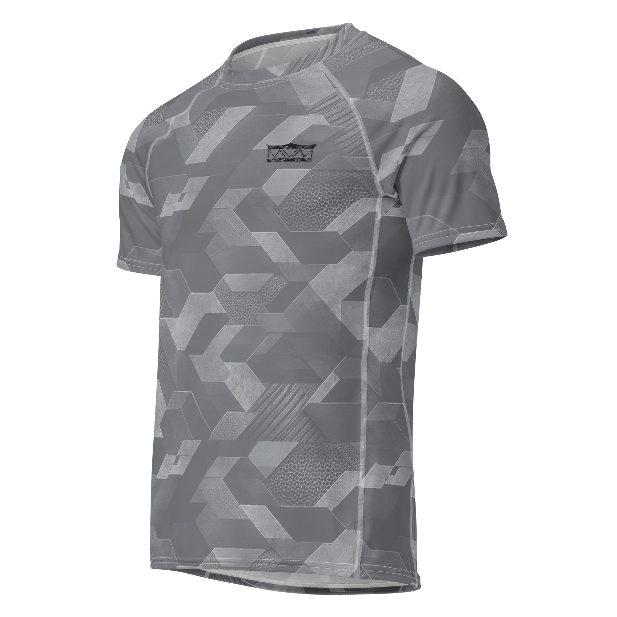 MVM Grey Sci Fi Camo recycled rash vest with UPF 50+ protection, moisture-wicking performance fabric and bold surf-inspired artwork. Recycled Short Sleeved Rash Guard Product mockup.