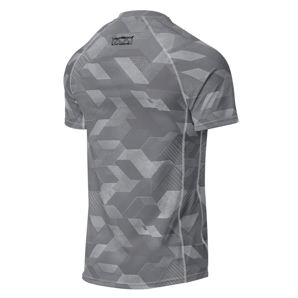 MVM Grey Sci Fi Camo recycled rash vest with UPF 50+ protection, moisture-wicking performance fabric and bold surf-inspired artwork. Recycled Short Sleeved Rash Guard Product mockup back.