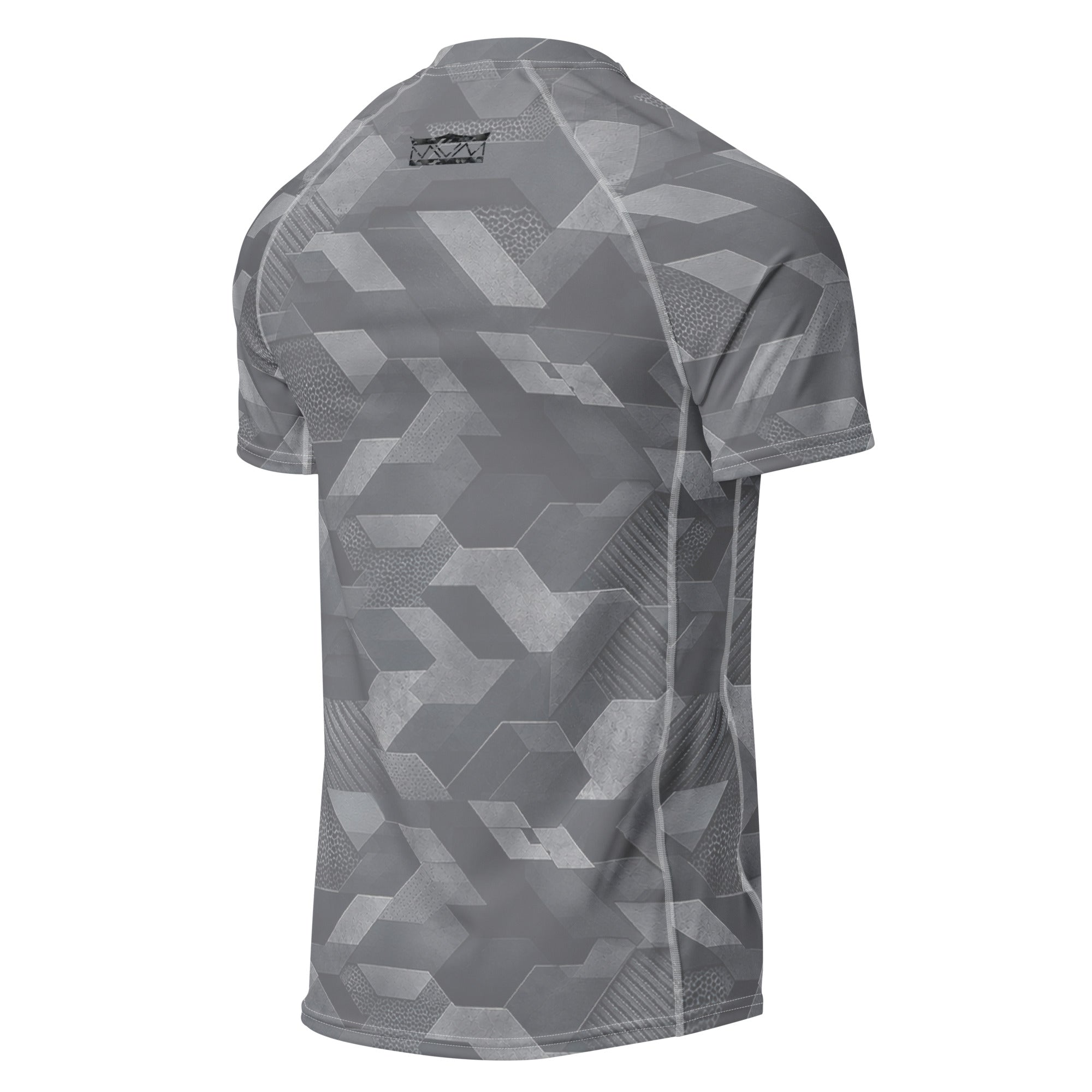 MVM Grey Sci Fi Camo recycled rash vest with UPF 50+ protection, moisture-wicking performance fabric and bold surf-inspired artwork. Recycled Short Sleeved Rash Guard Product mockup back.