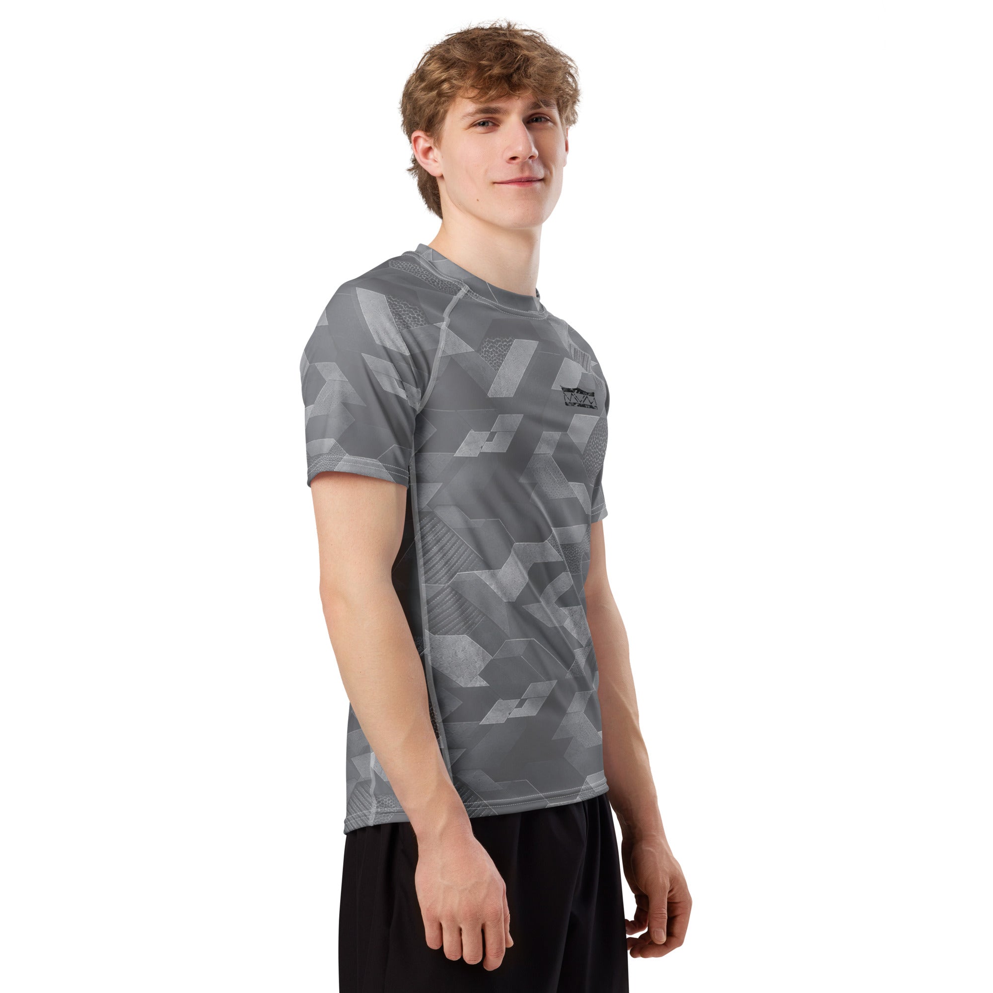 MVM Grey Sci Fi Camo recycled rash vest with UPF 50+ protection, moisture-wicking performance fabric and bold surf-inspired artwork. Recycled Short Sleeved Rash Guard Product mockup studio style.