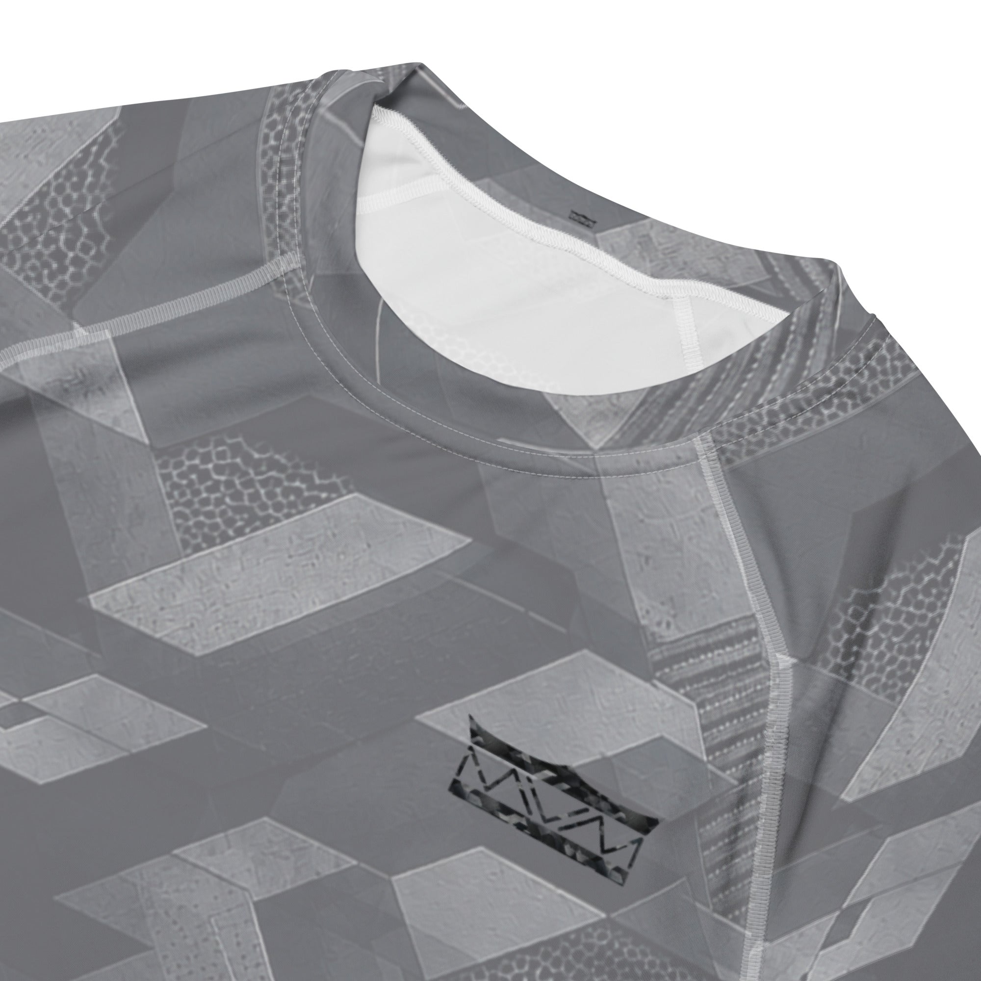 MVM Grey Sci Fi Camo recycled rash vest with UPF 50+ protection, moisture-wicking performance fabric and bold surf-inspired artwork. Recycled Short Sleeved Rash Guard back close up front Product mockup