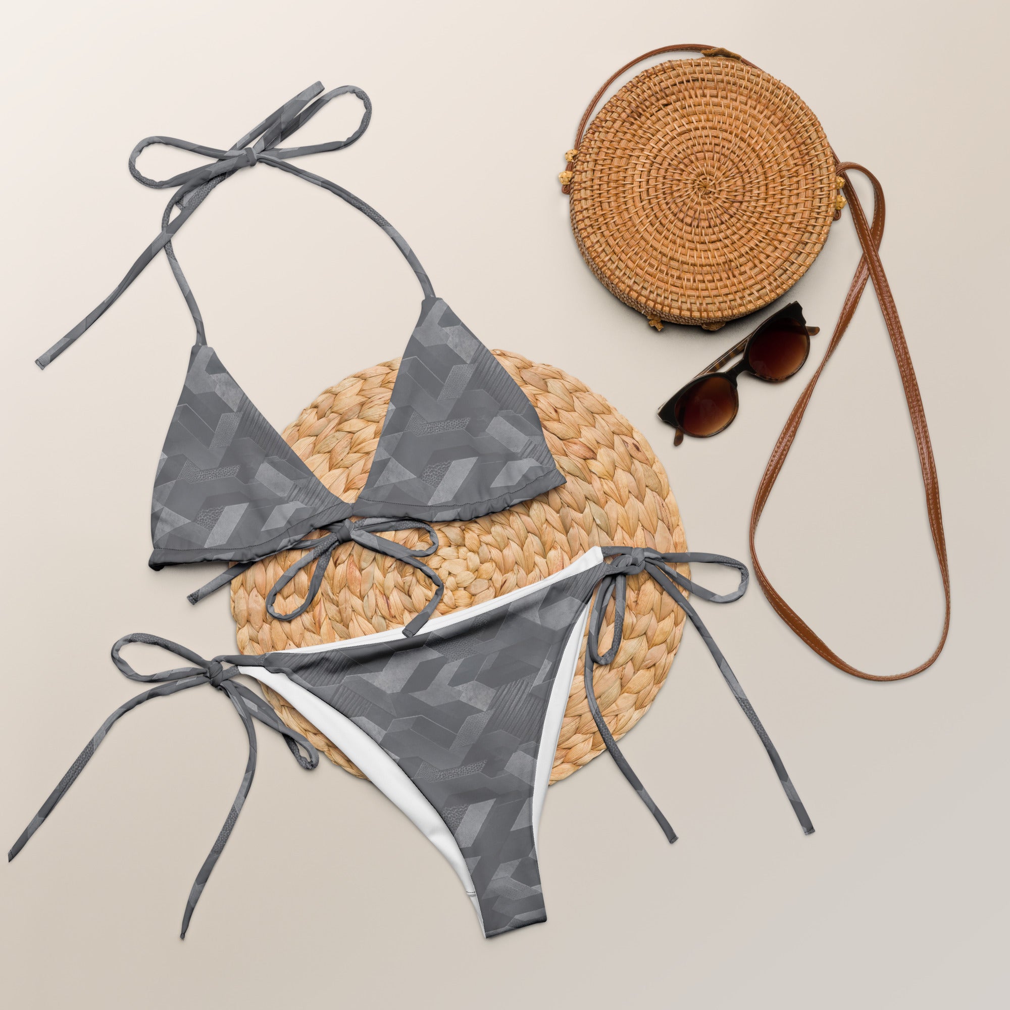 MVM Grey Sci Fi Camo recycled string bikini Product shot with accessories