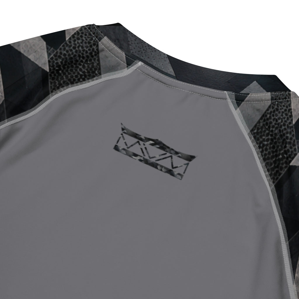 MVM Grey and Black Sci Fi Camo recycled rash vest with UPF 50+ protection, moisture-wicking performance fabric and bold artwork. Recycled Short Sleeved Rash Guard back close up Product mockup