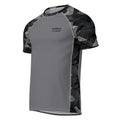 MVM Grey and Black Sci Fi Camo recycled rash vest with UPF 50+ protection, moisture-wicking performance fabric and bold surf-inspired artwork. Recycled Short Sleeved Rash Guard Product mockup.