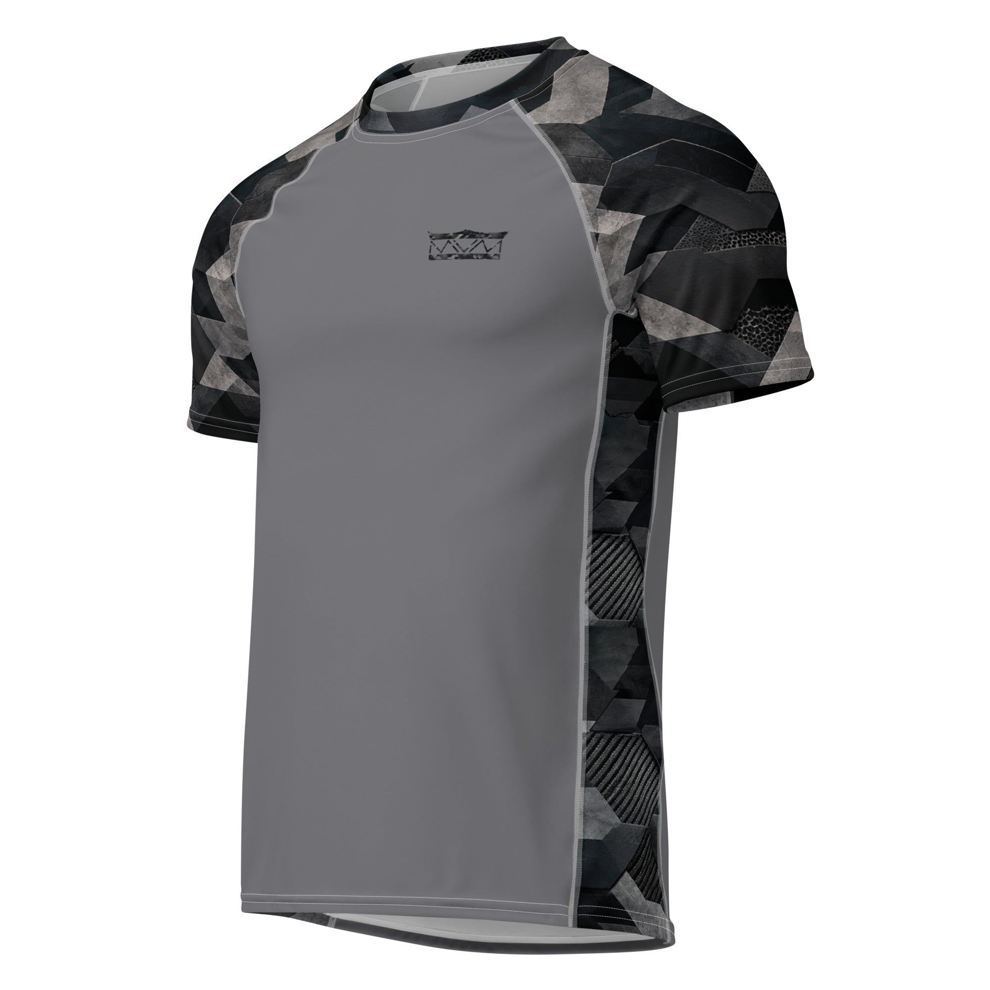MVM Grey and Black Sci Fi Camo recycled rash vest with UPF 50+ protection, moisture-wicking performance fabric and bold surf-inspired artwork. Recycled Short Sleeved Rash Guard Product mockup.