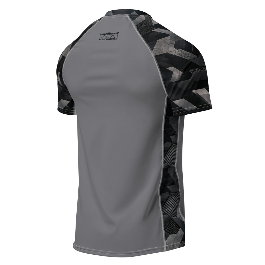 MVM Grey and Black Sci Fi Camo recycled rash vest with UPF 50+ protection, moisture-wicking performance fabric and bold surf-inspired artwork. Recycled Short Sleeved Rash Guard Product mockup back.