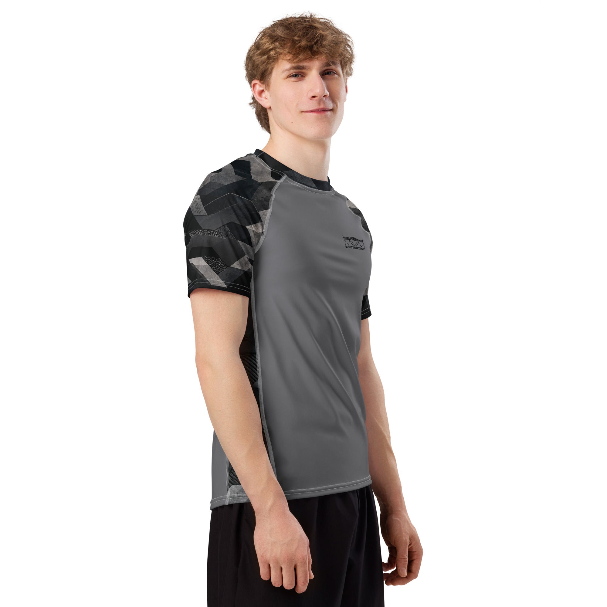 MVM Grey and Black Sci Fi Camo recycled rash vest with UPF 50+ protection, moisture-wicking performance fabric and bold surf-inspired artwork. Recycled Short Sleeved Rash Guard Product mockup studio style.