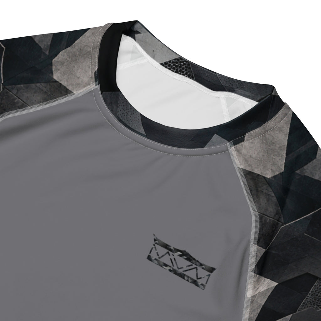 MVM Grey and Black Sci Fi Camo recycled rash vest with UPF 50+ protection, moisture-wicking performance fabric and bold surf-inspired artwork. Recycled Short Sleeved Rash Guard back close up front Product mockup