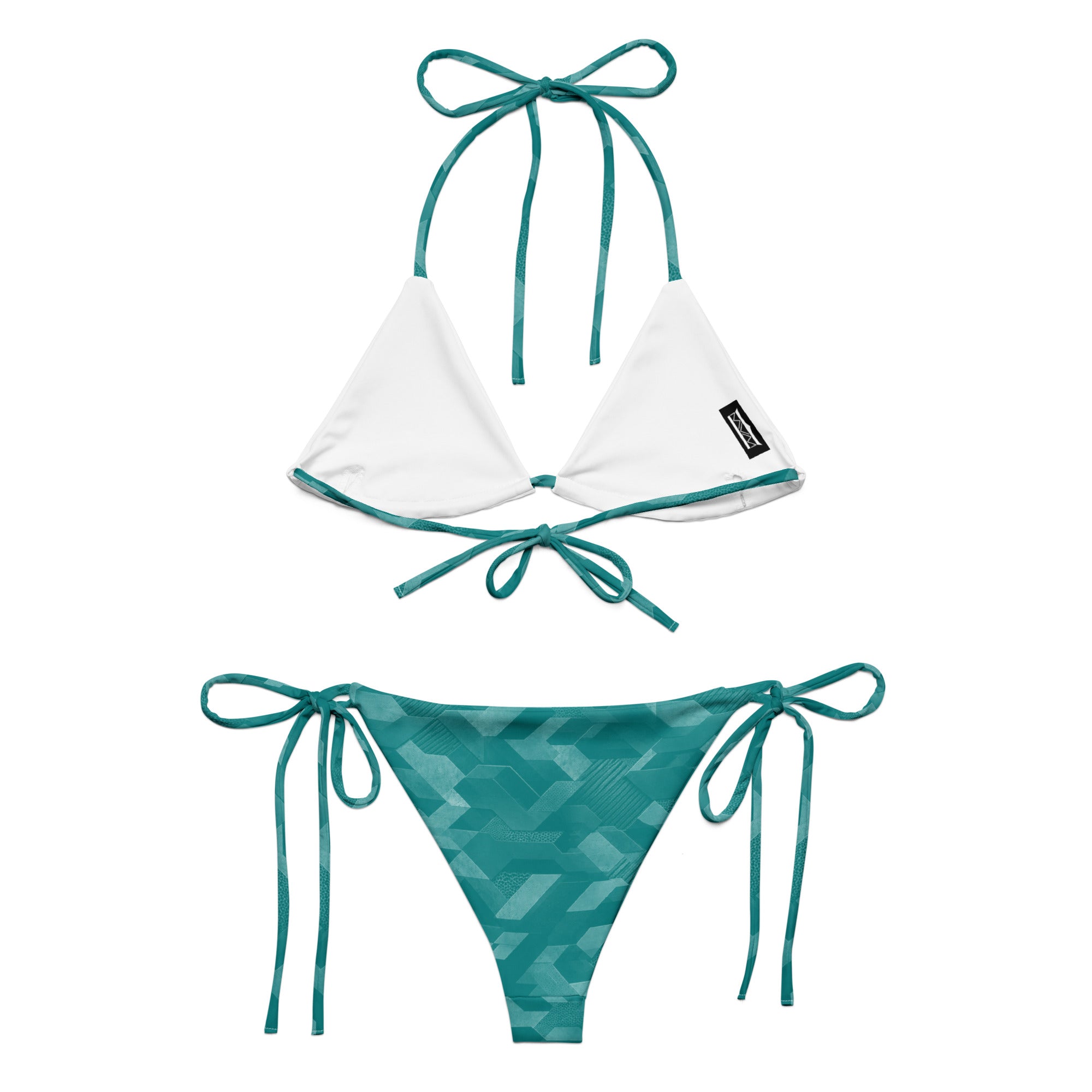 MVM Teal Sci Fi Camo recycled string bikini Product mockup Back