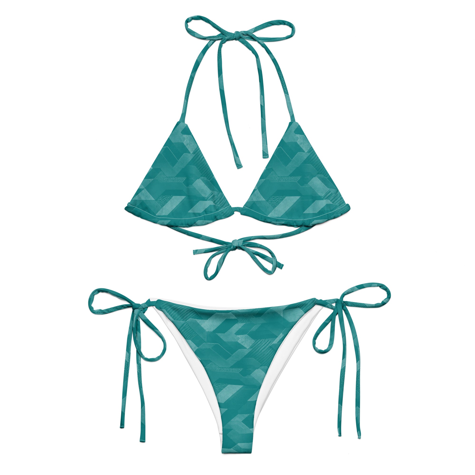 MVM Teal Sci Fi Camo recycled string bikini Product mockup front
