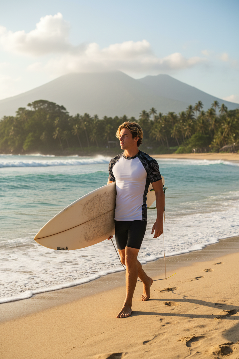 A man walks along a sandy beach carrying a surfboard under his arm, wearing a Majestic Vision Black Hibiscus and white recycled rash guard and black swim trunks, with ocean waves, palm trees, and mountains in the background.
