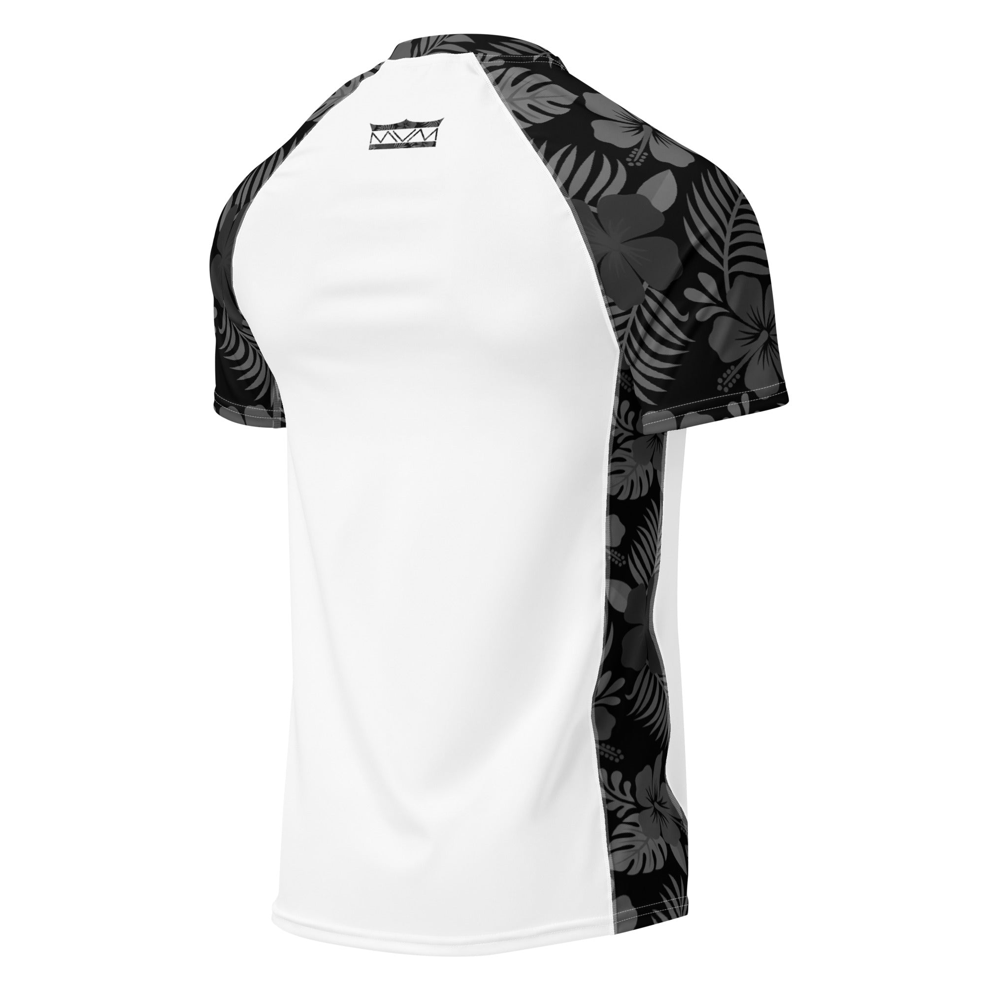 Majestic Vision Black Hibiscus and white recycled rash vest with UPF 50+ protection, moisture-wicking performance fabric and bold surf-inspired artwork from behind.