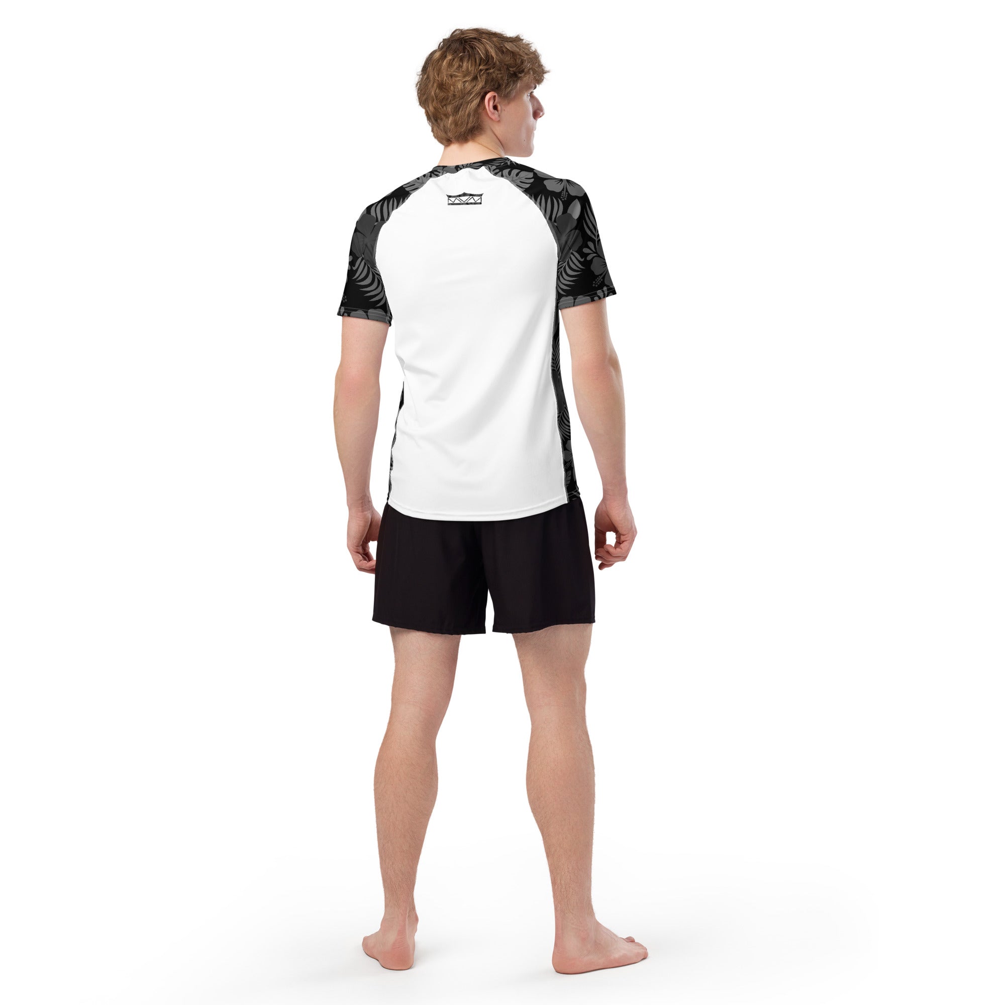 Majestic Vision Black Hibiscus and white recycled rash vest with UPF 50+ protection, moisture-wicking performance fabric and bold surf-inspired artwork from behind. Product mockup