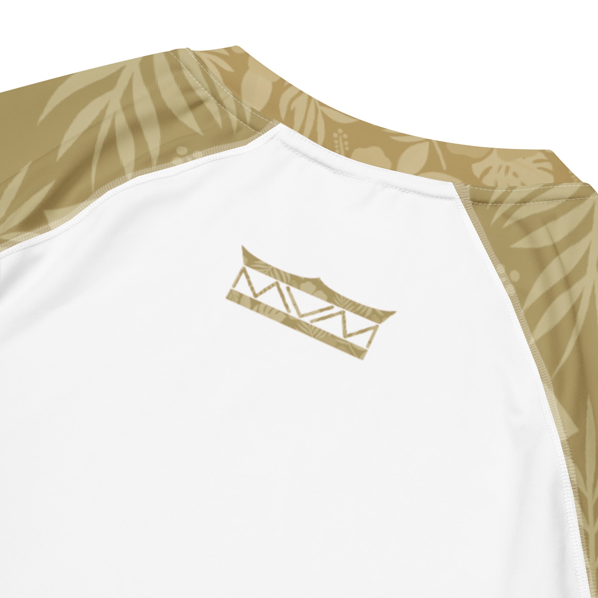 Majestic Vision Sand Hibiscus and white recycled rash vest with UPF 50+ protection, moisture-wicking performance fabric and bold surf-inspired artwork. Recycled Short Sleeved Rash Guard back close up Product mockup