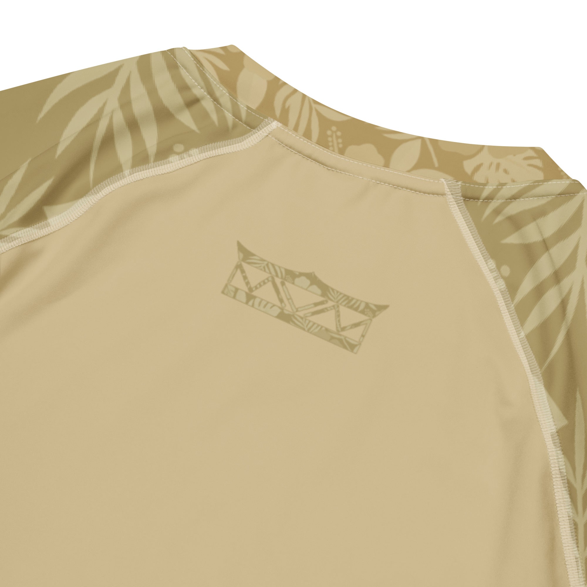 Majestic Vision Sand Hibiscus recycled rash vest with UPF 50+ protection, moisture-wicking performance fabric and bold surf-inspired artwork. Recycled Short Sleeved Rash Guard back close up Product mockup