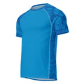 Majestic Vision Ocean Blue Hibiscus recycled rash vest with UPF 50+ protection, moisture-wicking performance fabric and bold surf-inspired artwork. Recycled Short Sleeved Rash Guard Product mockup.