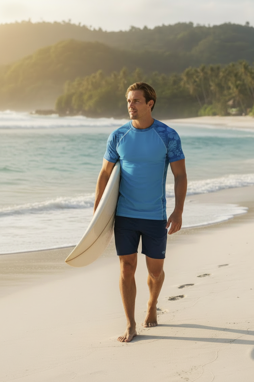 A man walking on a sandy beach carrying a white surfboard, wearing a Majestic Vision Ocean Blue Hibiscus short-sleeve rash guard and dark boardshorts, with ocean waves and green hills in the background.