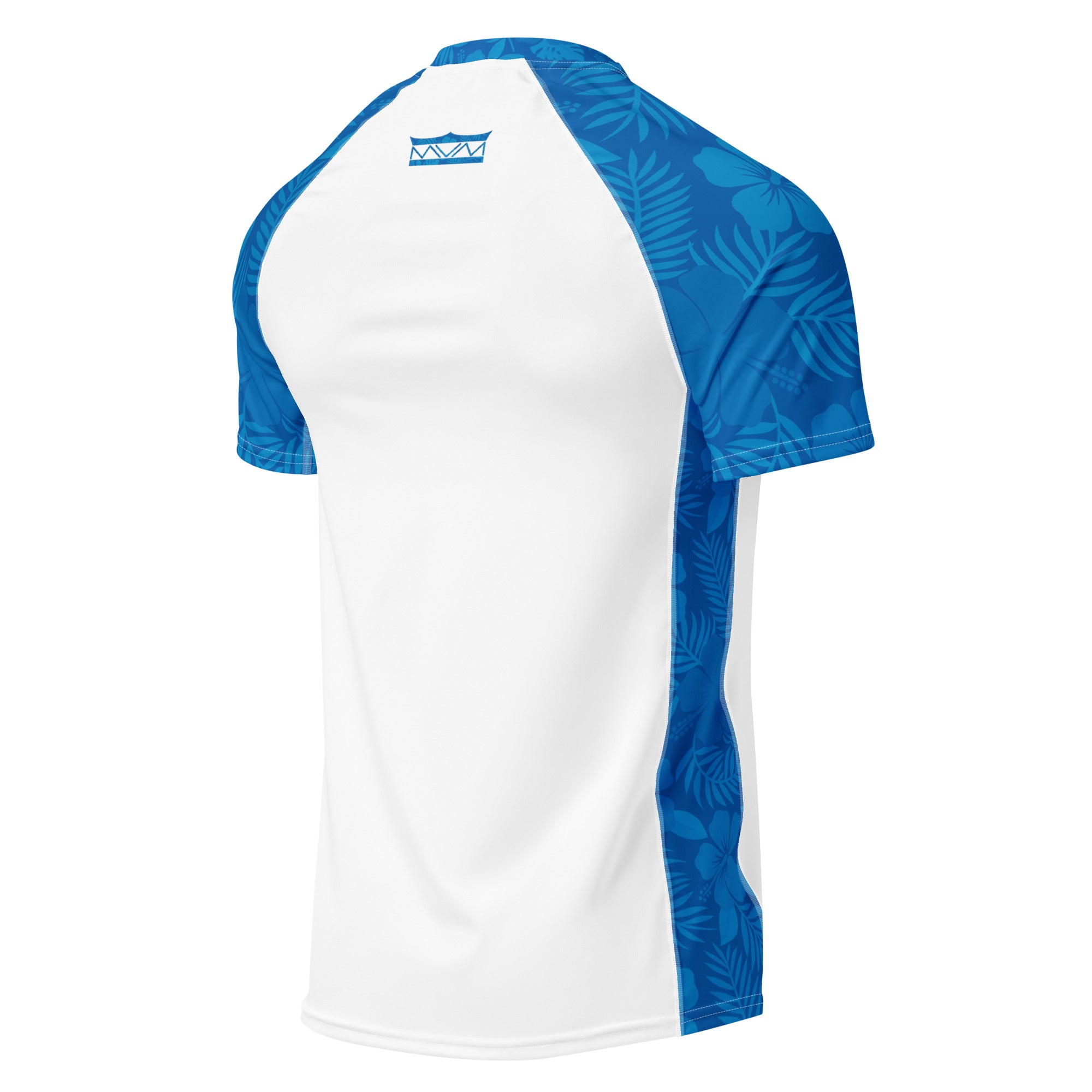 Majestic Vision Ocean Blue Hibiscus and white recycled rash vest with UPF 50+ protection, moisture-wicking performance fabric and bold surf-inspired artwork. Recycled Short Sleeved Rash Guard Product mockup back.