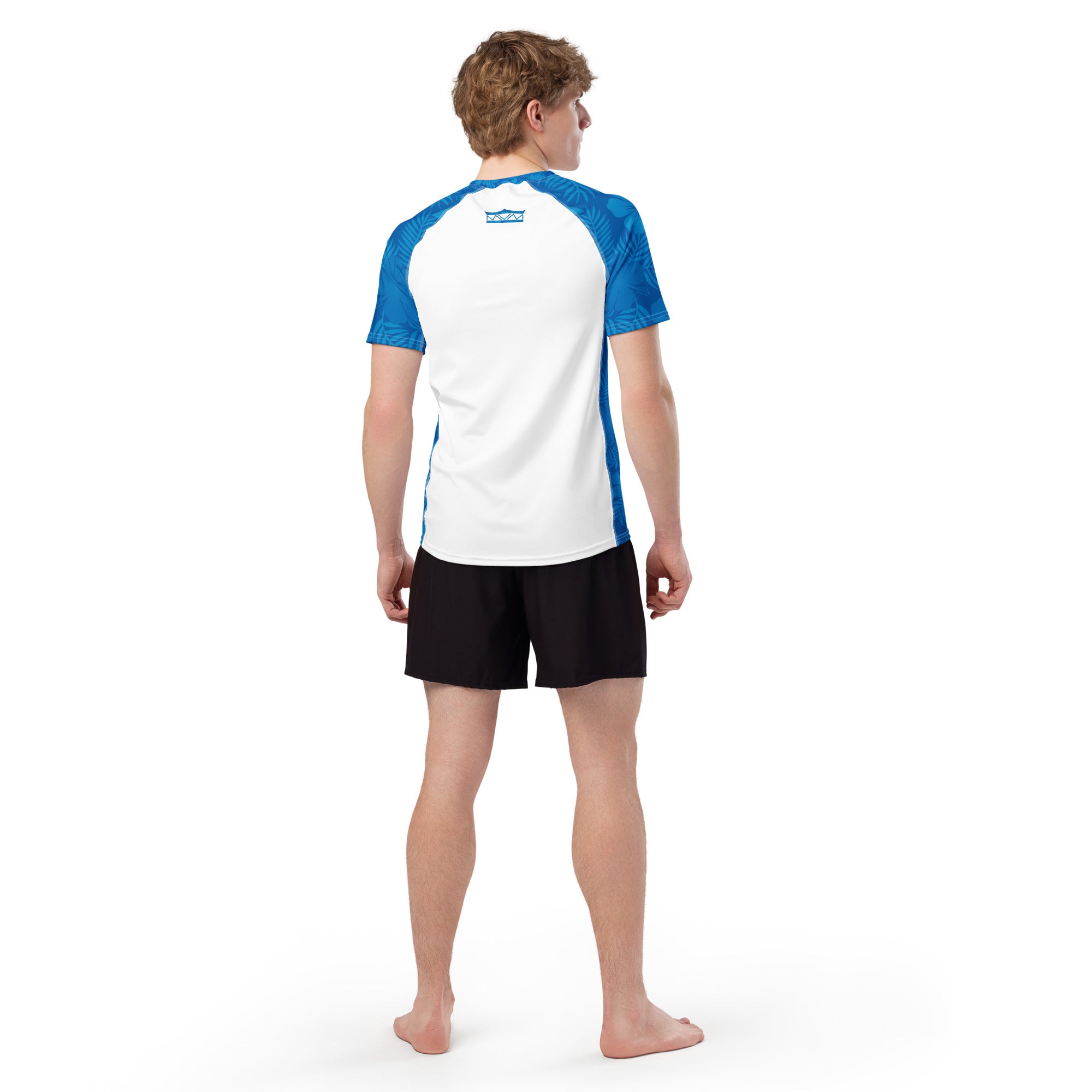 Majestic Vision Ocean Blue Hibiscus and white recycled rash vest with UPF 50+ protection, moisture-wicking performance fabric and bold surf-inspired artwork. Recycled Short Sleeved Rash Guard from behind Product mockup studio style