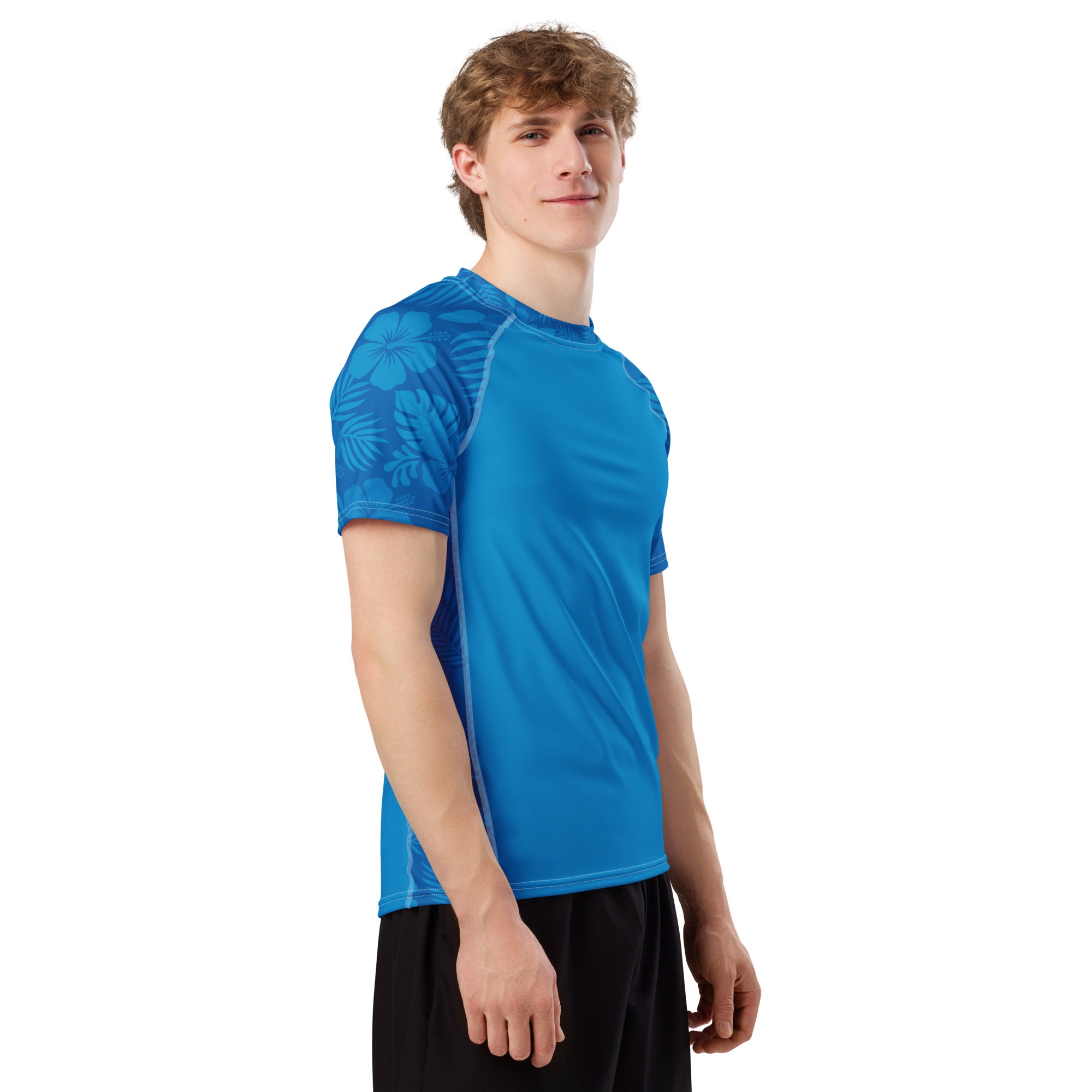 Ocean Blue Hibiscus recycled rash vest with UPF 50+ protection, moisture-wicking performance fabric and bold surf-inspired artwork. Recycled Short Sleeved Rash Guard Product mockup studio style.