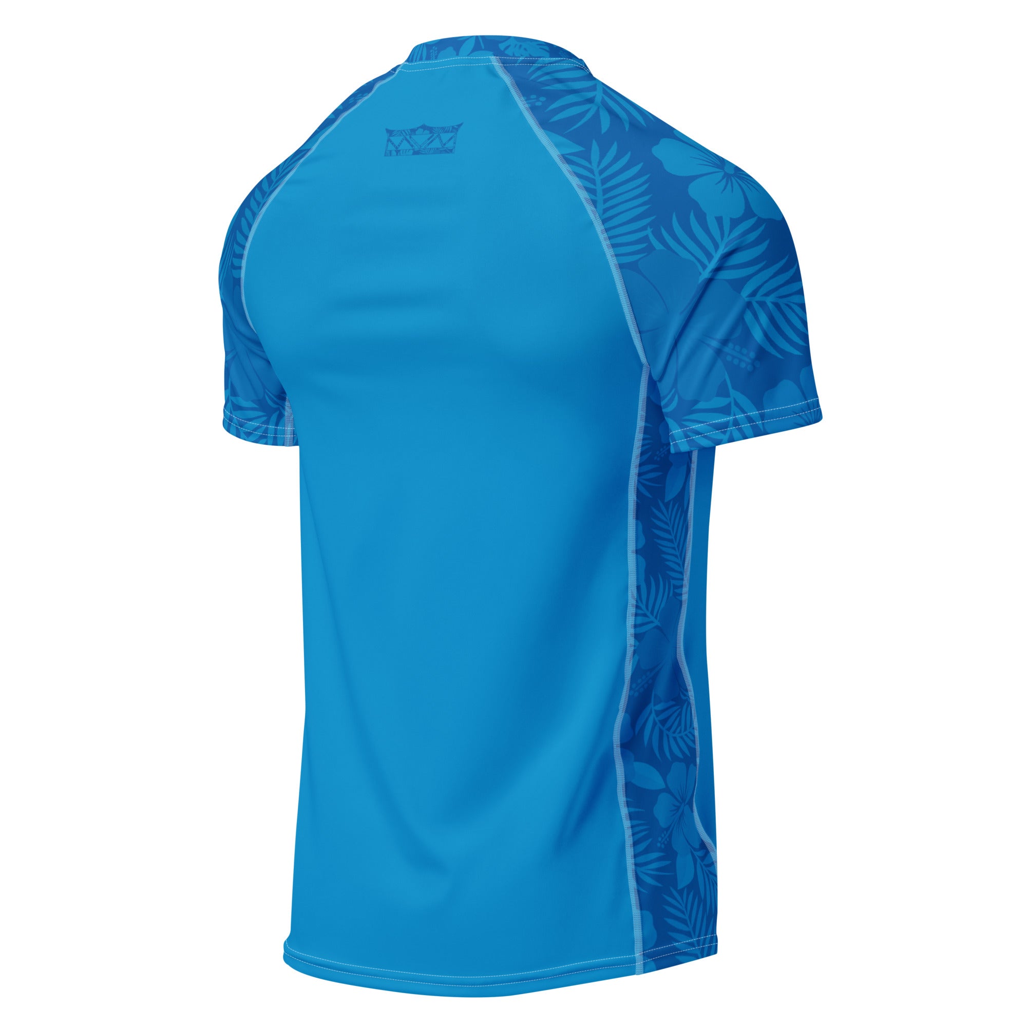 Majestic Vision Ocean Blue Hibiscus recycled rash vest with UPF 50+ protection, moisture-wicking performance fabric and bold surf-inspired artwork. Recycled Short Sleeved Rash Guard Product mockup back.