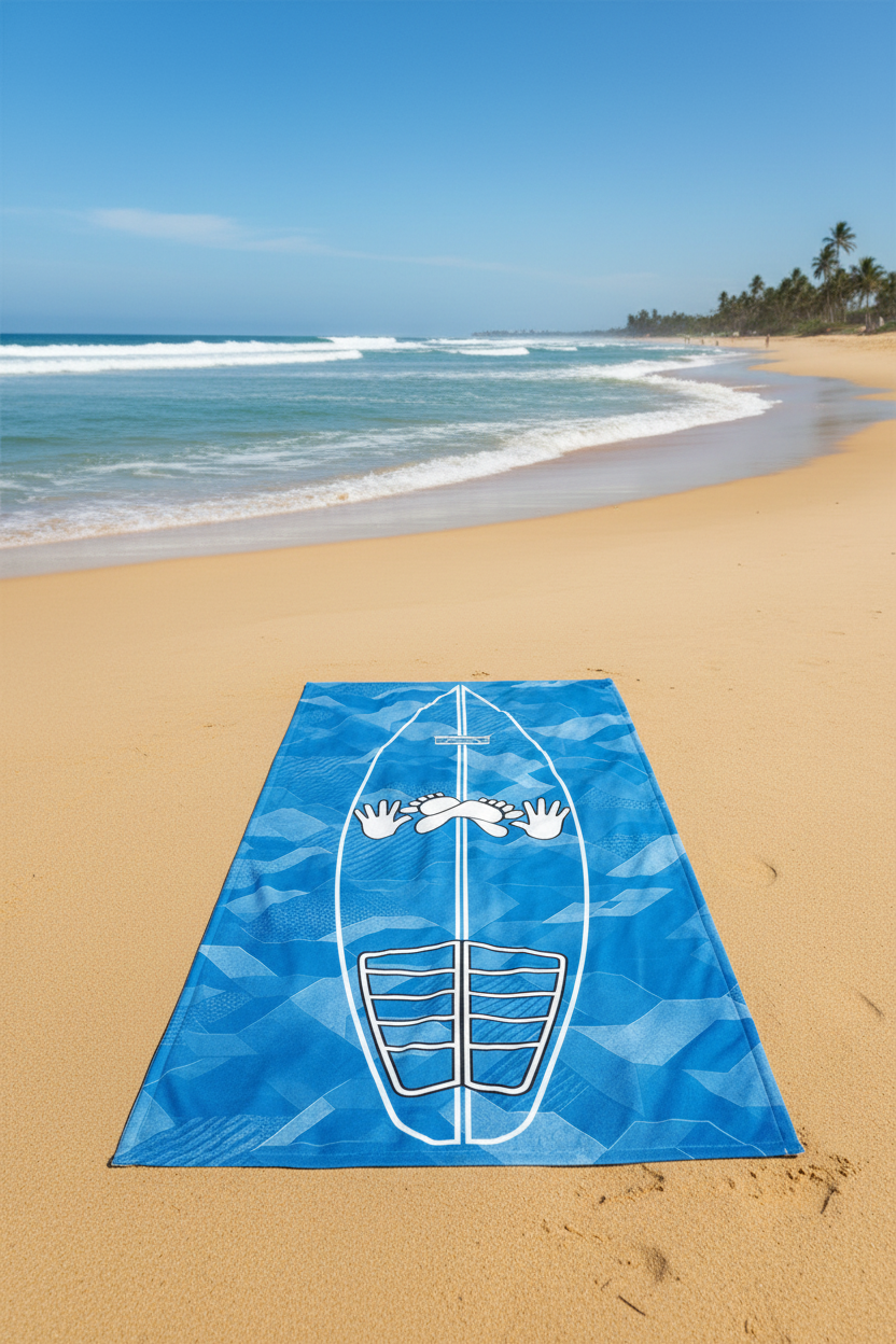 Ocean Blue Sci Fi Camo Surf Pop-Up Training Mat – Oversized Quick-Dry Beach Towel with Stance Placement Guide is laid out on a sandy beach with the ocean and palm trees in the background.