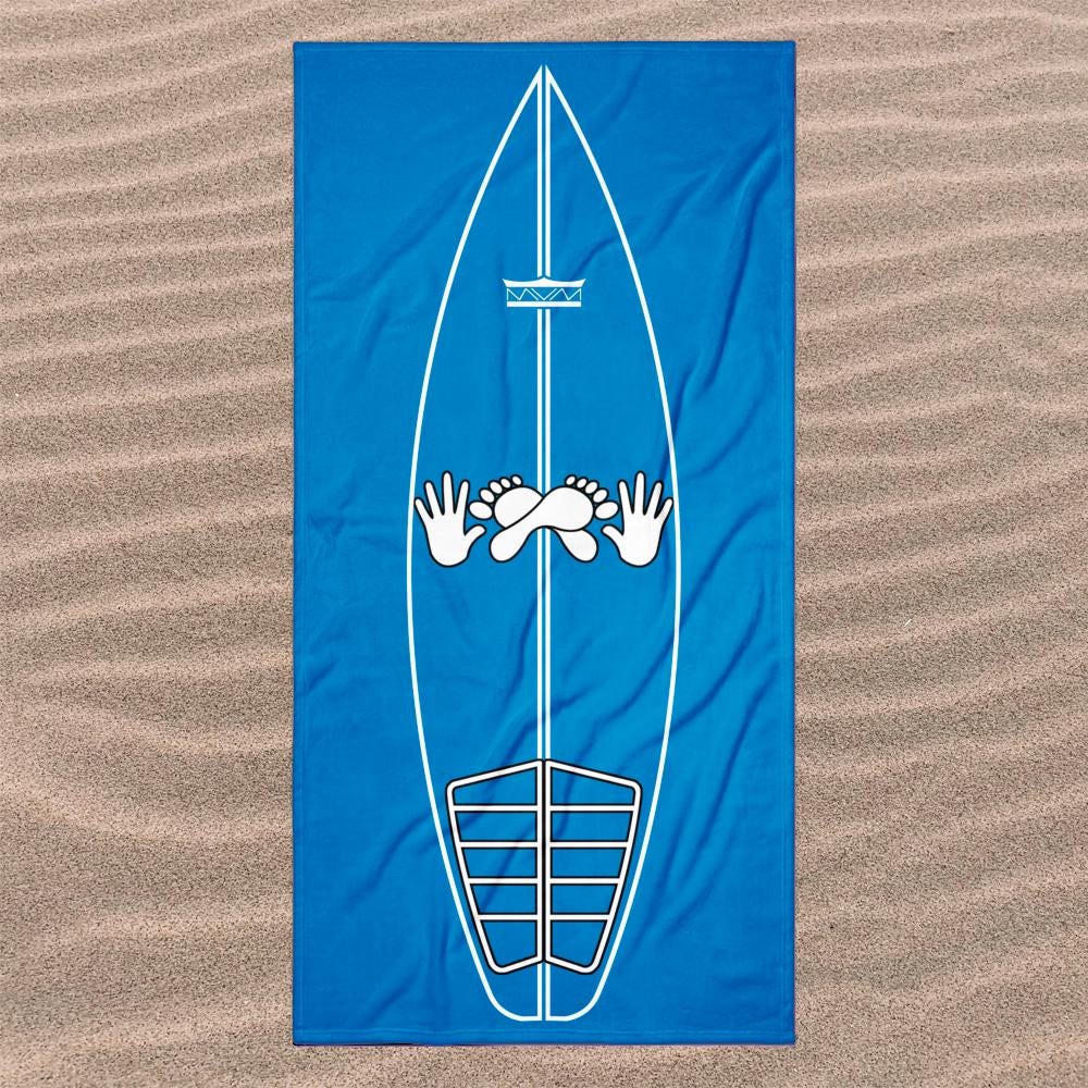 Ocean Blue Surf Pop-Up Training Mat – Oversized Quick-Dry Beach Towel with Stance Placement Guide on sand