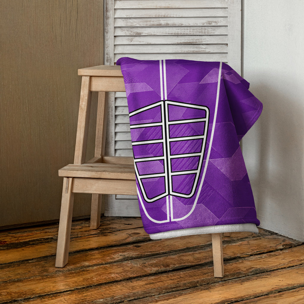 Purple Sci Fi Camo Surf Pop-Up Training Mat – Oversized Quick-Dry Beach Towel with Stance Placement Guide on Chair