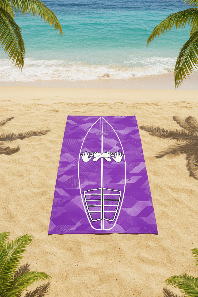 Purple Sci Fi Camo Surf Pop-Up Training Mat – Oversized Quick-Dry Beach Towel with Stance Placement Guide, laid flat on a sandy beach with turquoise ocean and palm leaves in the background.
