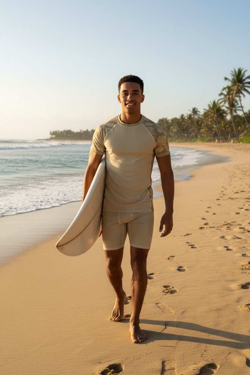A man walking on a sandy beach with palm trees, carrying a white surfboard, wearing a Majestic Vision Sand Hibiscus rash guard.