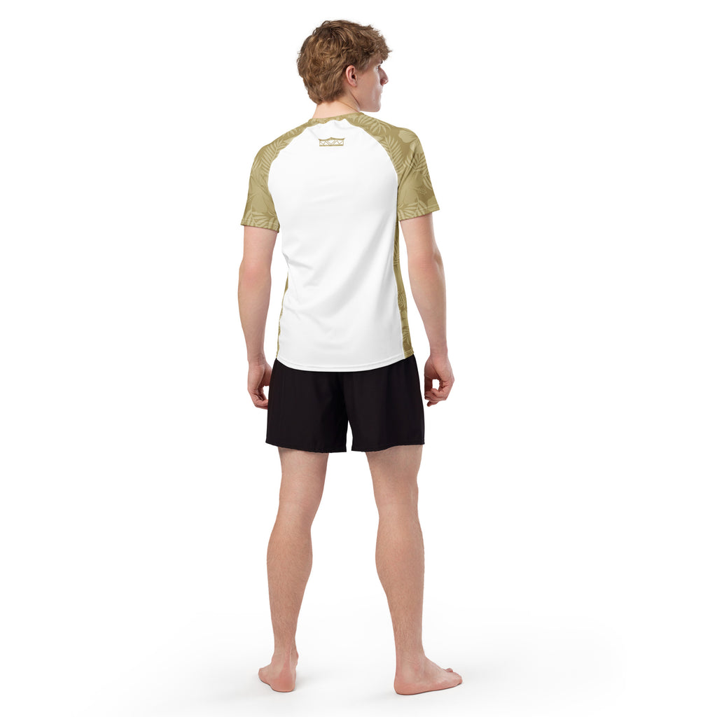Majestic Vision Sand Hibiscus and white recycled rash vest with UPF 50+ protection, moisture-wicking performance fabric and bold surf-inspired artwork. Recycled Short Sleeved Rash Guard from behind Product mockup studio style