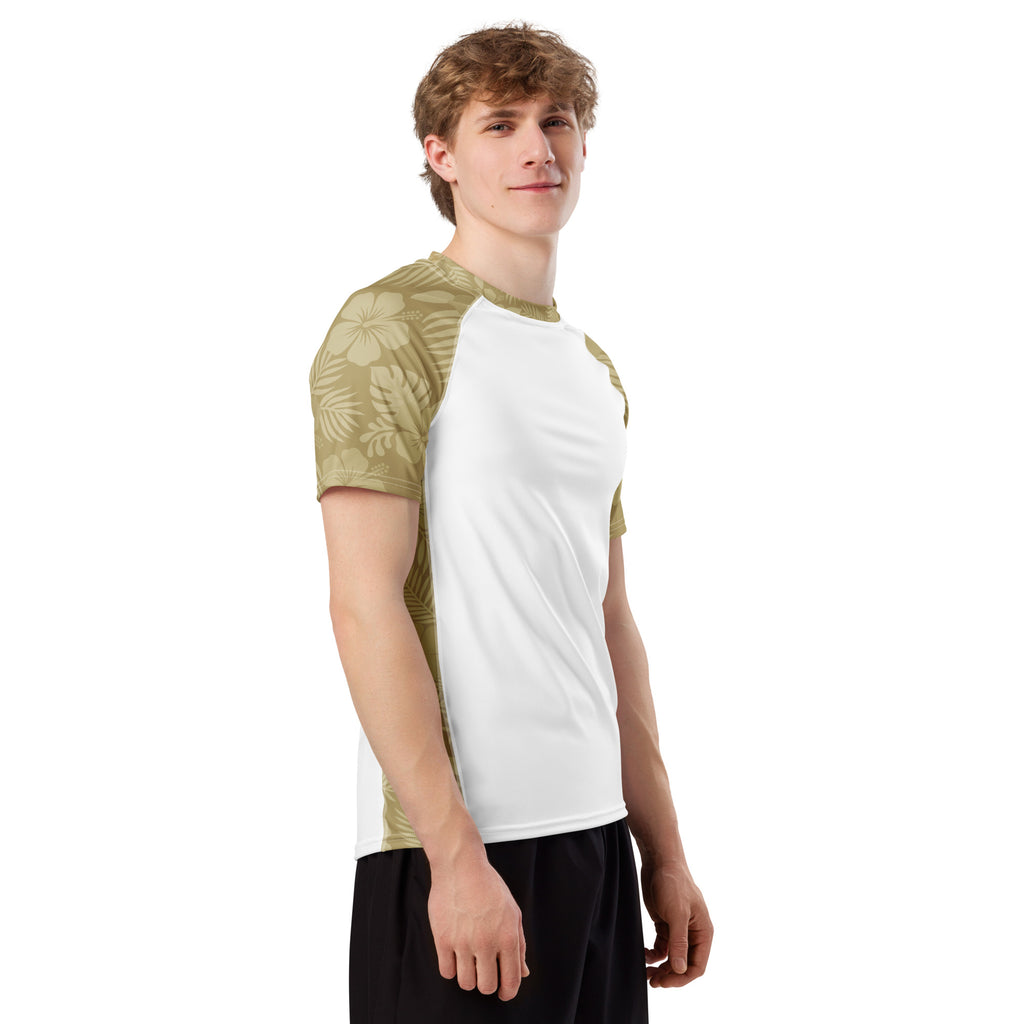 Sand Hibiscus and white recycled rash vest with UPF 50+ protection, moisture-wicking performance fabric and bold surf-inspired artwork. Recycled Short Sleeved Rash Guard Product mockup studio style.