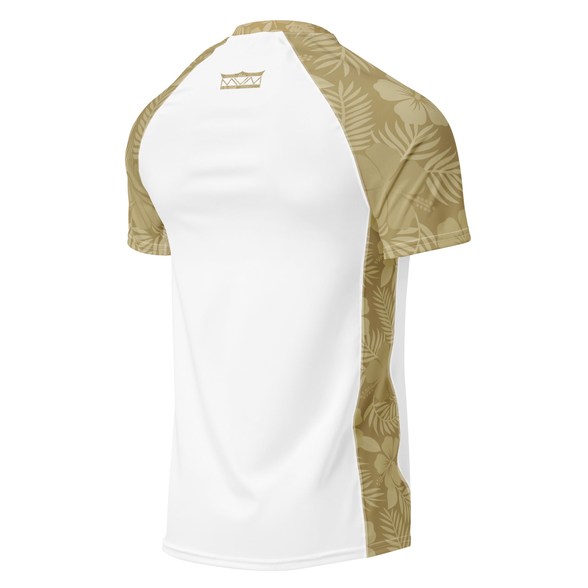 Majestic Vision Sand Hibiscus and white recycled rash vest with UPF 50+ protection, moisture-wicking performance fabric and bold surf-inspired artwork. Recycled Short Sleeved Rash Guard Product mockup back.