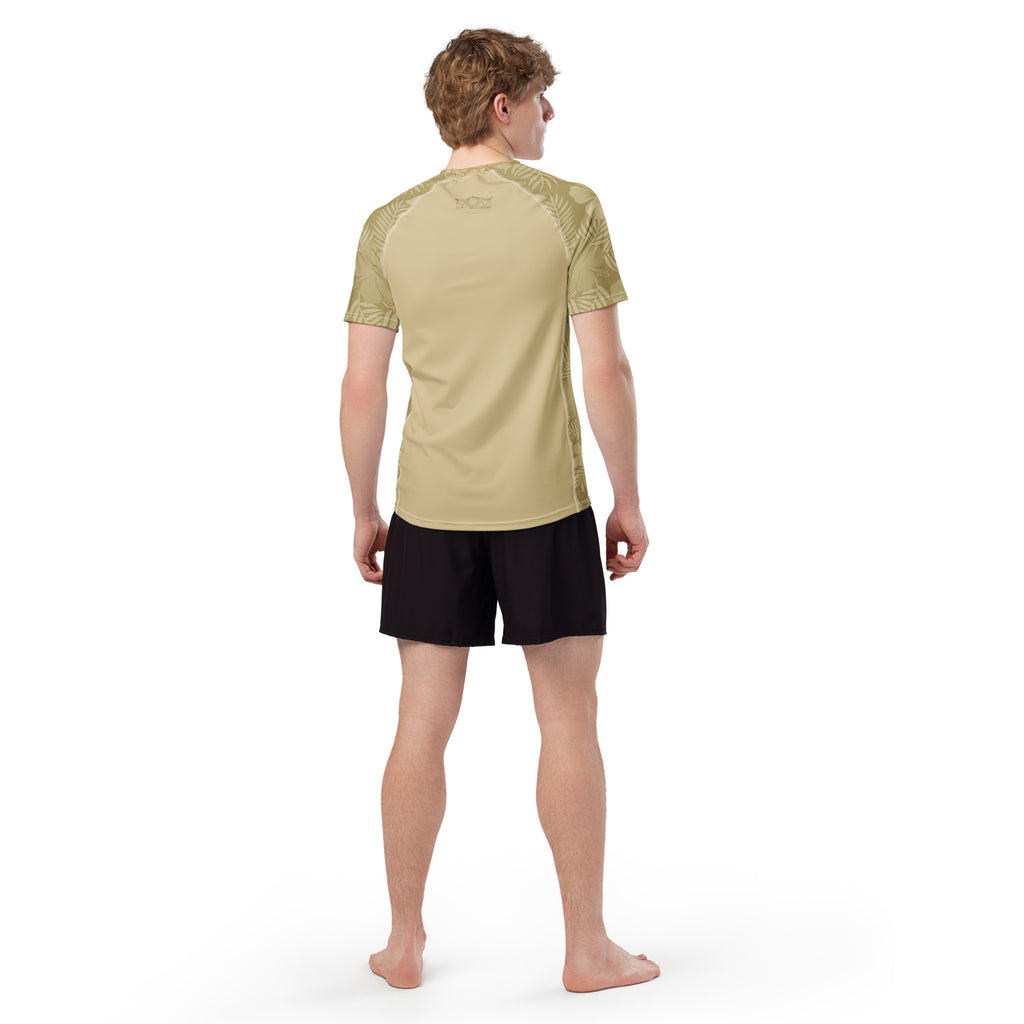 Majestic Vision Sand Hibiscus recycled rash vest with UPF 50+ protection, moisture-wicking performance fabric and bold surf-inspired artwork. Recycled Short Sleeved Rash Guard from behind Product mockup studio style
