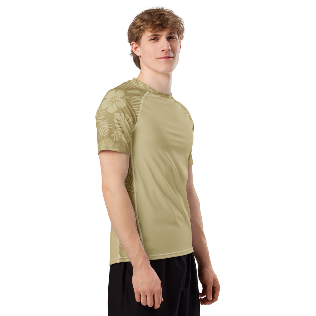 Sand Hibiscus recycled rash vest with UPF 50+ protection, moisture-wicking performance fabric and bold surf-inspired artwork. Recycled Short Sleeved Rash Guard Product mockup studio style.
