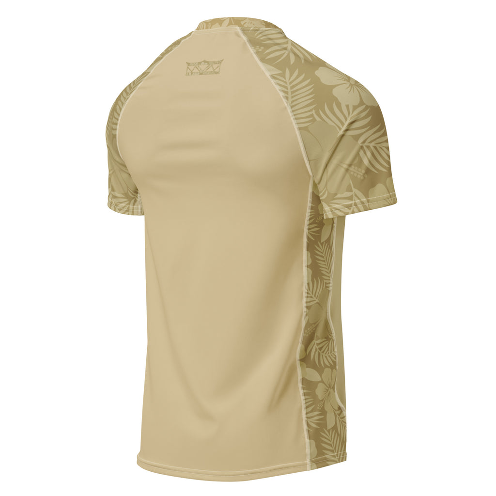 Majestic Vision Sand Hibiscus recycled rash vest with UPF 50+ protection, moisture-wicking performance fabric and bold surf-inspired artwork. Recycled Short Sleeved Rash Guard Product mockup back.