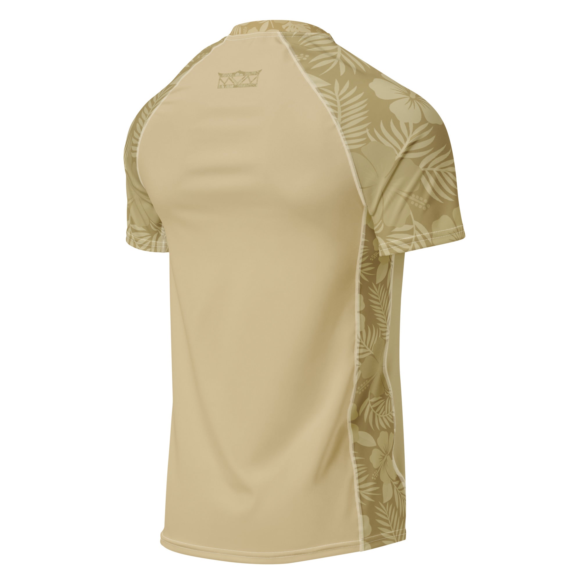 Majestic Vision Sand Hibiscus recycled rash vest with UPF 50+ protection, moisture-wicking performance fabric and bold surf-inspired artwork. Recycled Short Sleeved Rash Guard Product mockup back.