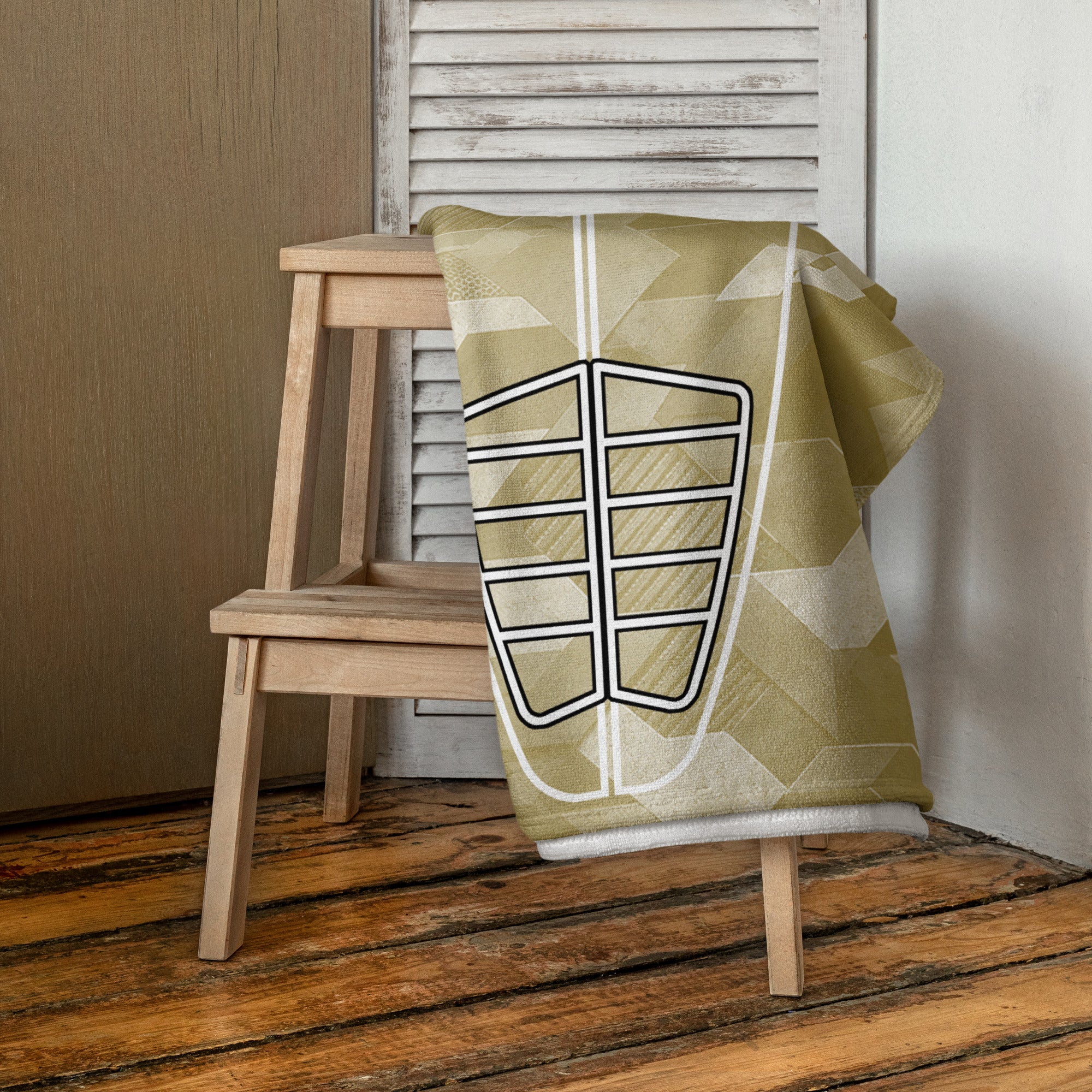 Sand Sci Fi Camo Surf Pop-Up Training Mat – Oversized Quick-Dry Beach Towel with Stance Placement Guide on chair