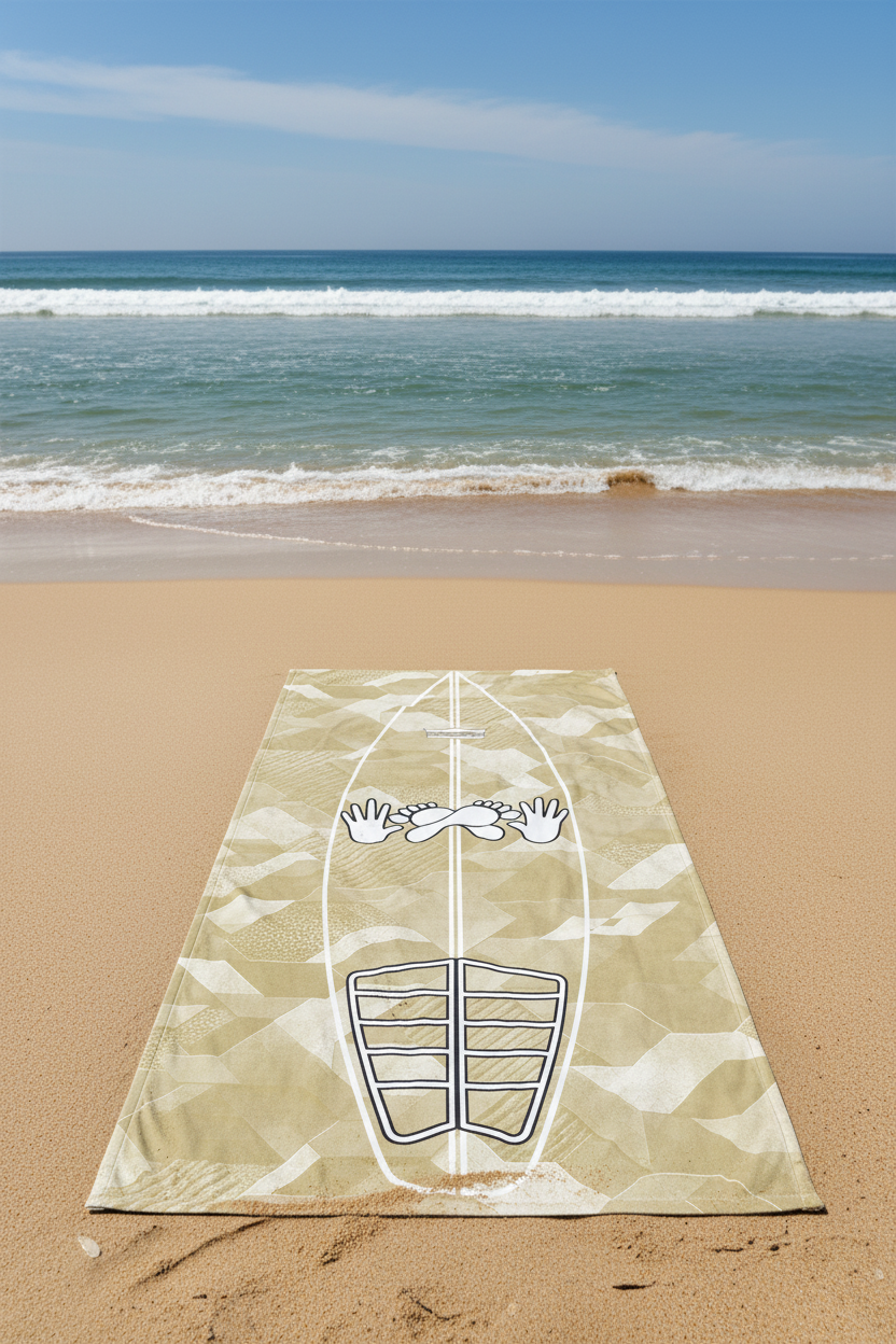 Sand Sci Fi Camo Surf Pop-Up Training Mat – Oversized Quick-Dry Beach Towel with Stance Placement Guide on the beach with the ocean and blue sky visible in the background.