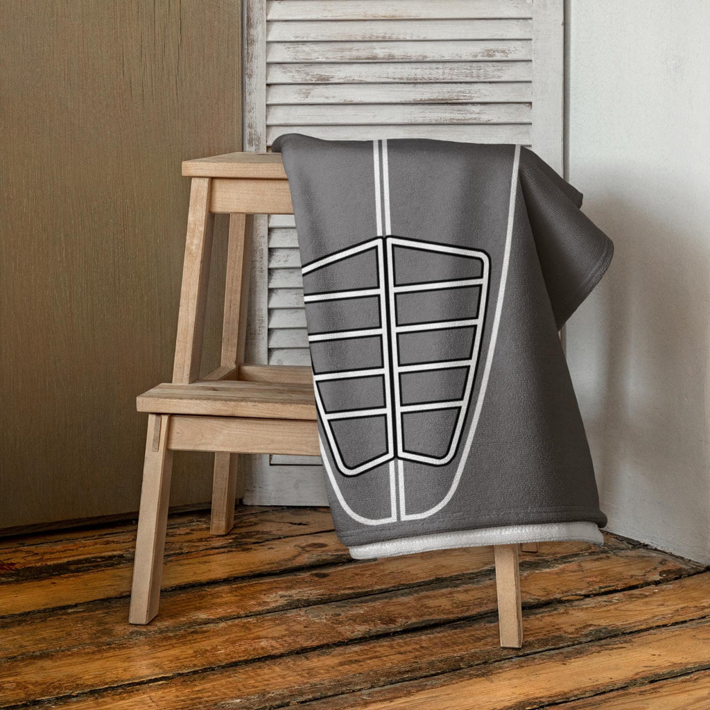 Silver Grey Surf Pop-Up Training Mat – Oversized Quick-Dry Beach Towel with Stance Placement Guide on chair