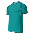 Majestic Vision Teal Hibiscus recycled rash vest with UPF 50+ protection, moisture-wicking performance fabric and bold surf-inspired artwork. Recycled Short Sleeved Rash Guard Product mockup.