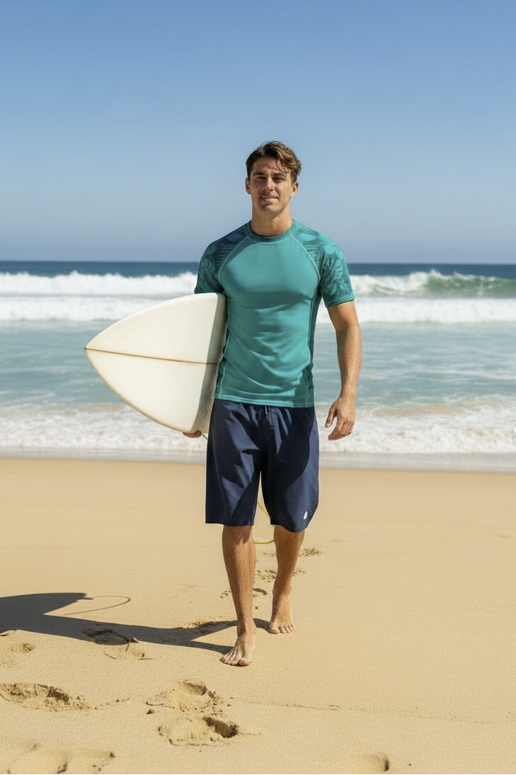 Surfer walking out of the surf wearing a Majestic Vision Teal Hibiscus recycled short sleeve rash vest with ocean waves in the background