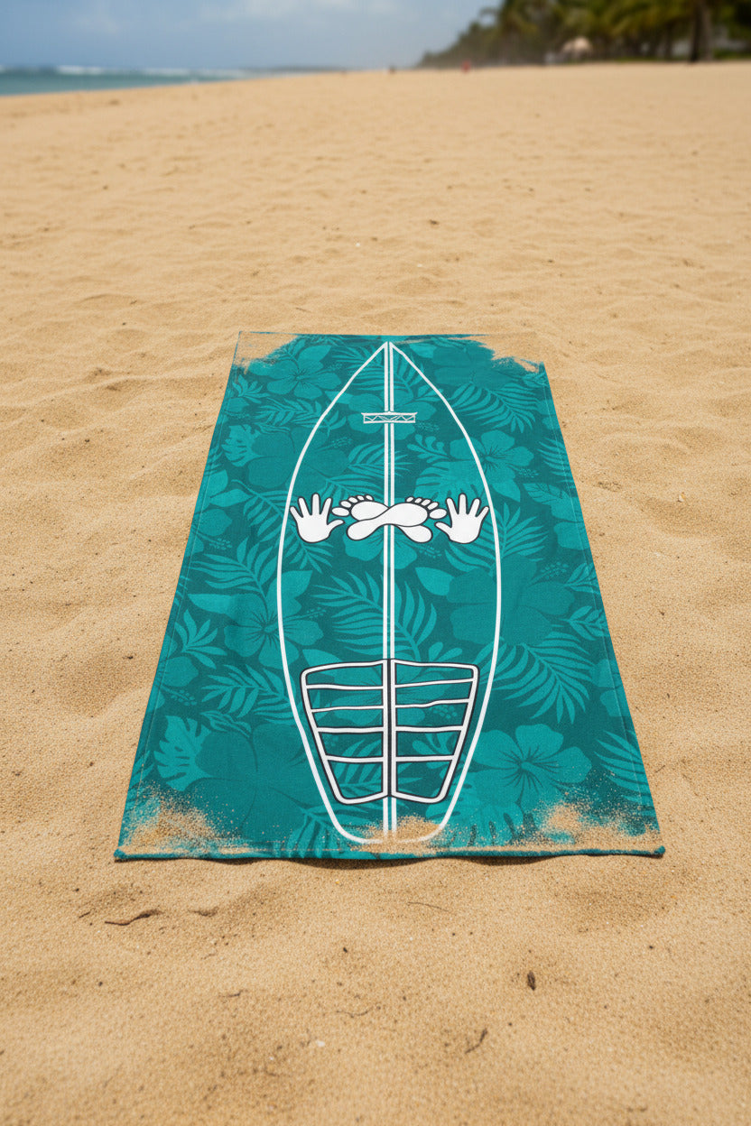 Teal Hibiscus Surf Pop-Up Training Mat – Oversized Quick-Dry Beach Towel with Stance Placement Guide Product