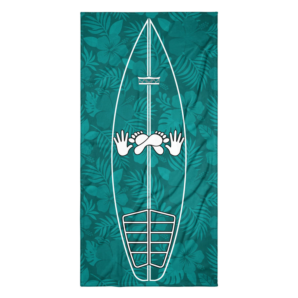Teal Hibiscus Surf Pop-Up Training Mat – Oversized Quick-Dry Beach Towel with Stance Placement Guide