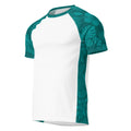 Majestic Vision Teal Hibiscus and white recycled rash vest with UPF 50+ protection, moisture-wicking performance fabric and bold surf-inspired artwork. Recycled Short Sleeved Rash Guard Product mockup.