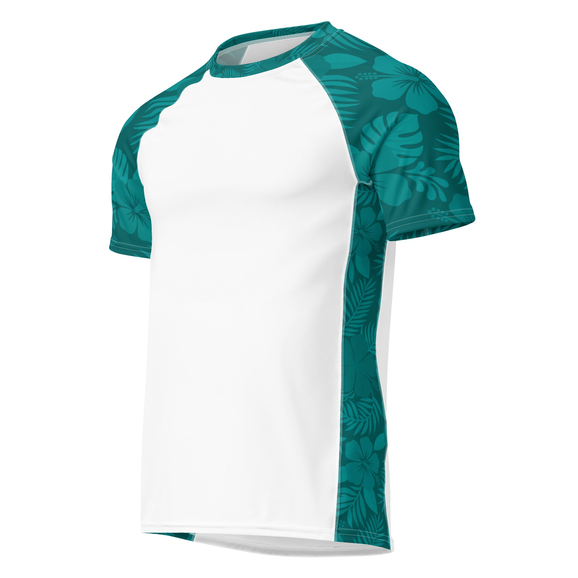 Majestic Vision Teal Hibiscus and white recycled rash vest with UPF 50+ protection, moisture-wicking performance fabric and bold surf-inspired artwork. Recycled Short Sleeved Rash Guard Product mockup.