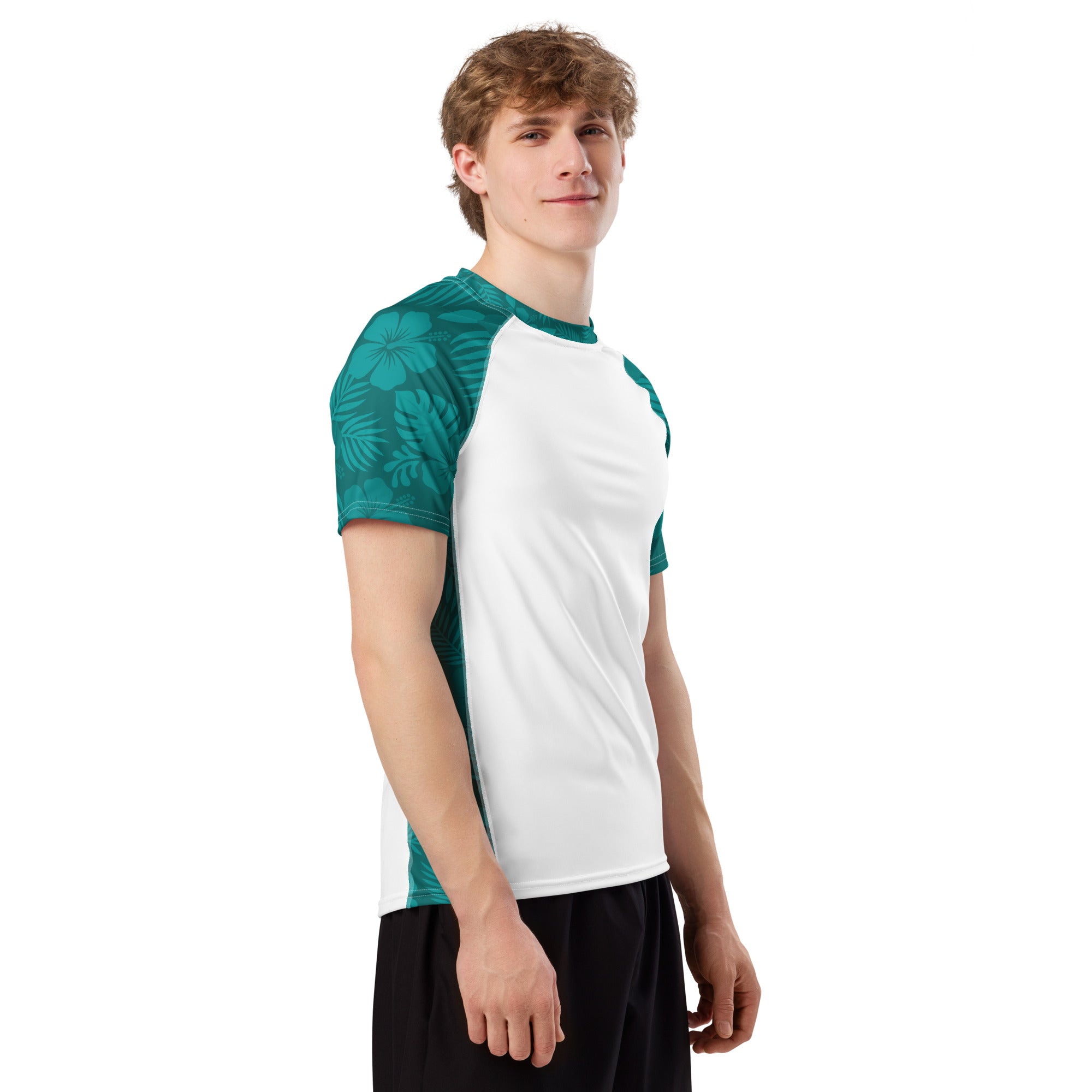 Teal Hibiscus and white recycled rash vest with UPF 50+ protection, moisture-wicking performance fabric and bold surf-inspired artwork. Recycled Short Sleeved Rash Guard Product mockup studio style.