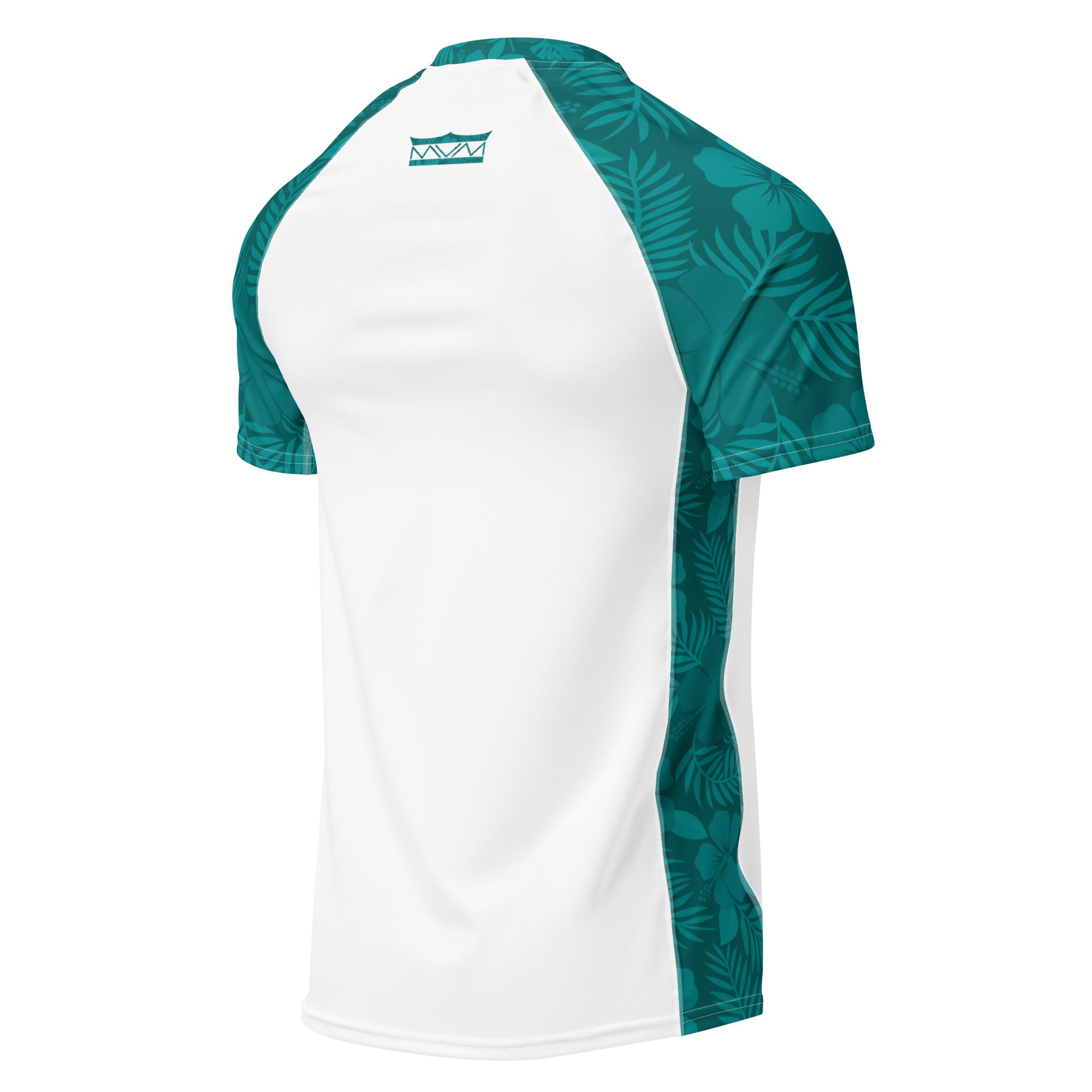 Majestic Vision Teal Hibiscus and white recycled rash vest with UPF 50+ protection, moisture-wicking performance fabric and bold surf-inspired artwork. Recycled Short Sleeved Rash Guard Product mockup back.